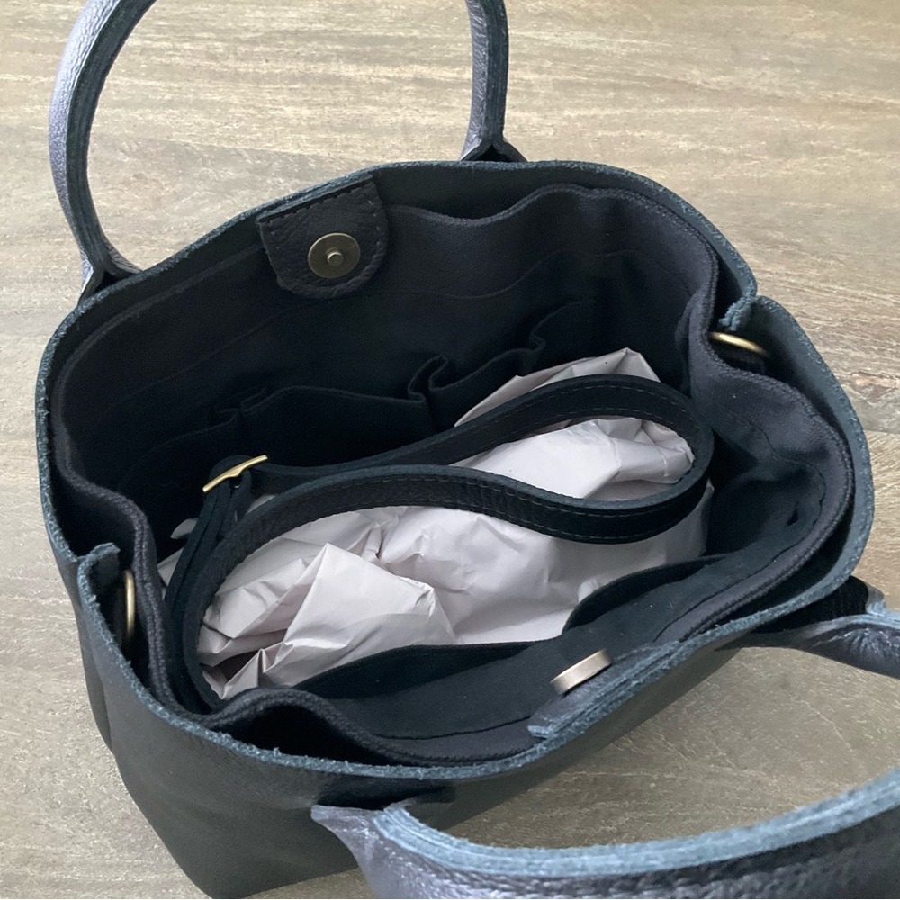 Bundle PLG LG Raindrop Crossbody Tote Bag Pebbled Black Leather w/ Canvas Insert - Picture 6 of 9